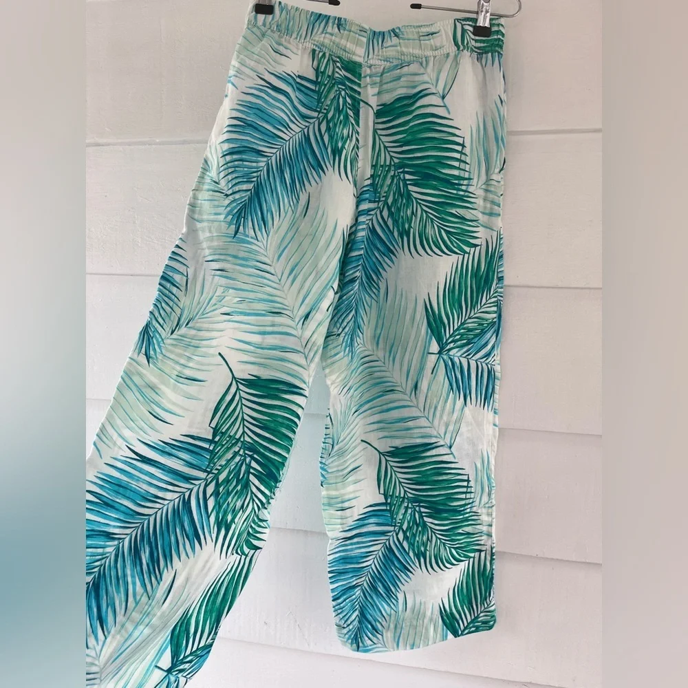 Tahari Womens 100% Linen Tropical Leaf Print Wide Leg Crop Pants Boho Beach S